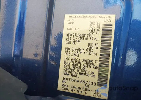 2022 Nissan Rogue Sv z USA, uszkodzony, nr VIN 5N1BT3BA3NC697513